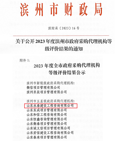 热烈祝贺山东永泰建设工程咨询有限公司荣获“滨州市五星级政府采购代理机构”